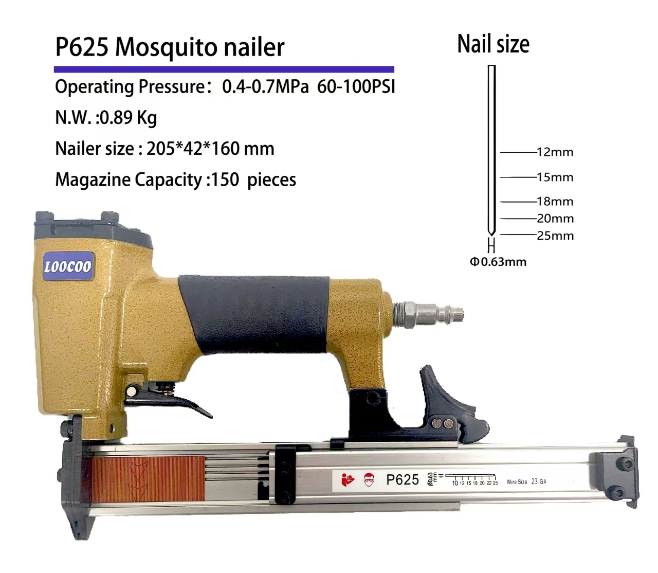 Woodworking Nail Gun - P625 Chiodatrice Pneumatica a Microchiodi 23Ga,
